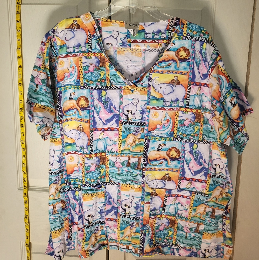 Animal friends 2 pocket v neck scrub top by Cottonality